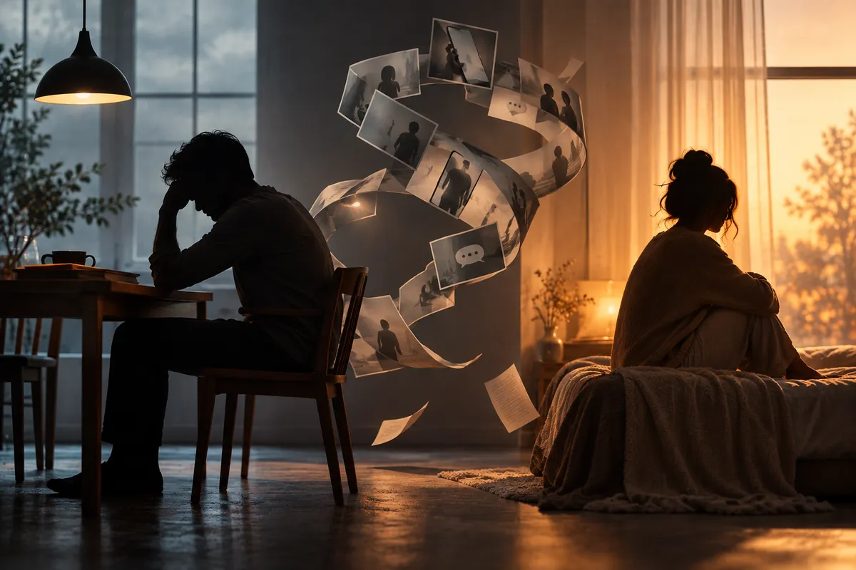Reflective moment of hesitation, two people contemplating next steps with quiet intensity