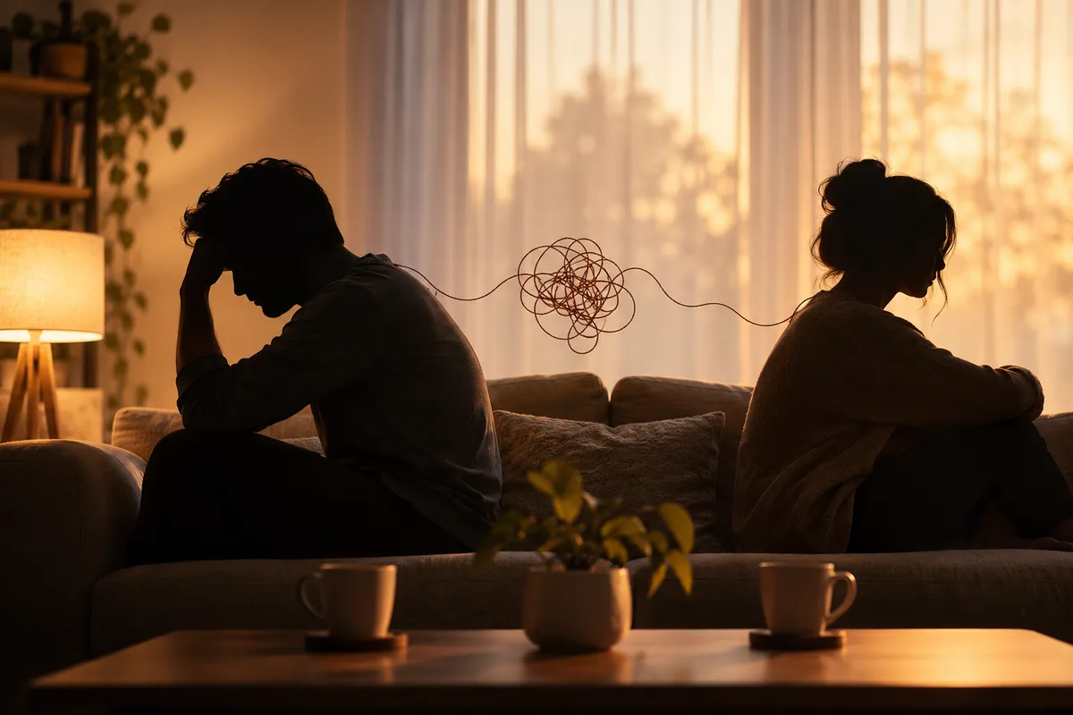 Quiet emotional distance between two partners sitting at home, cinematic warm light