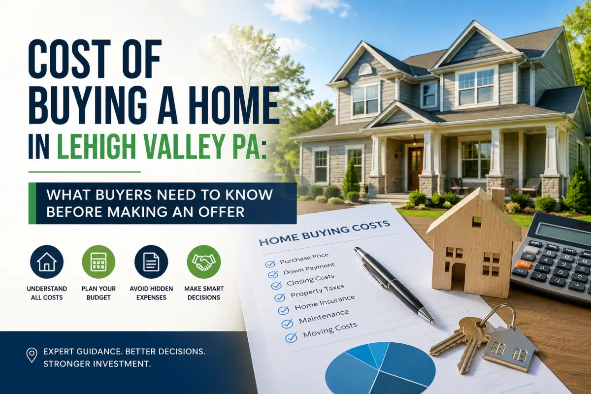 Cost of Buying a Home in Lehigh Valley PA infographic showing house, calculator, keys, and home buying cost checklist