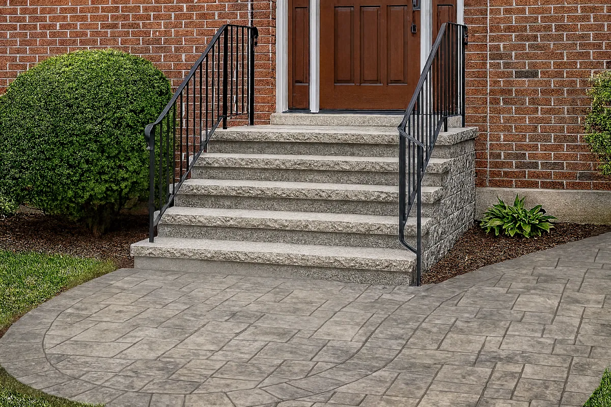 concrete driveway in front of the black house