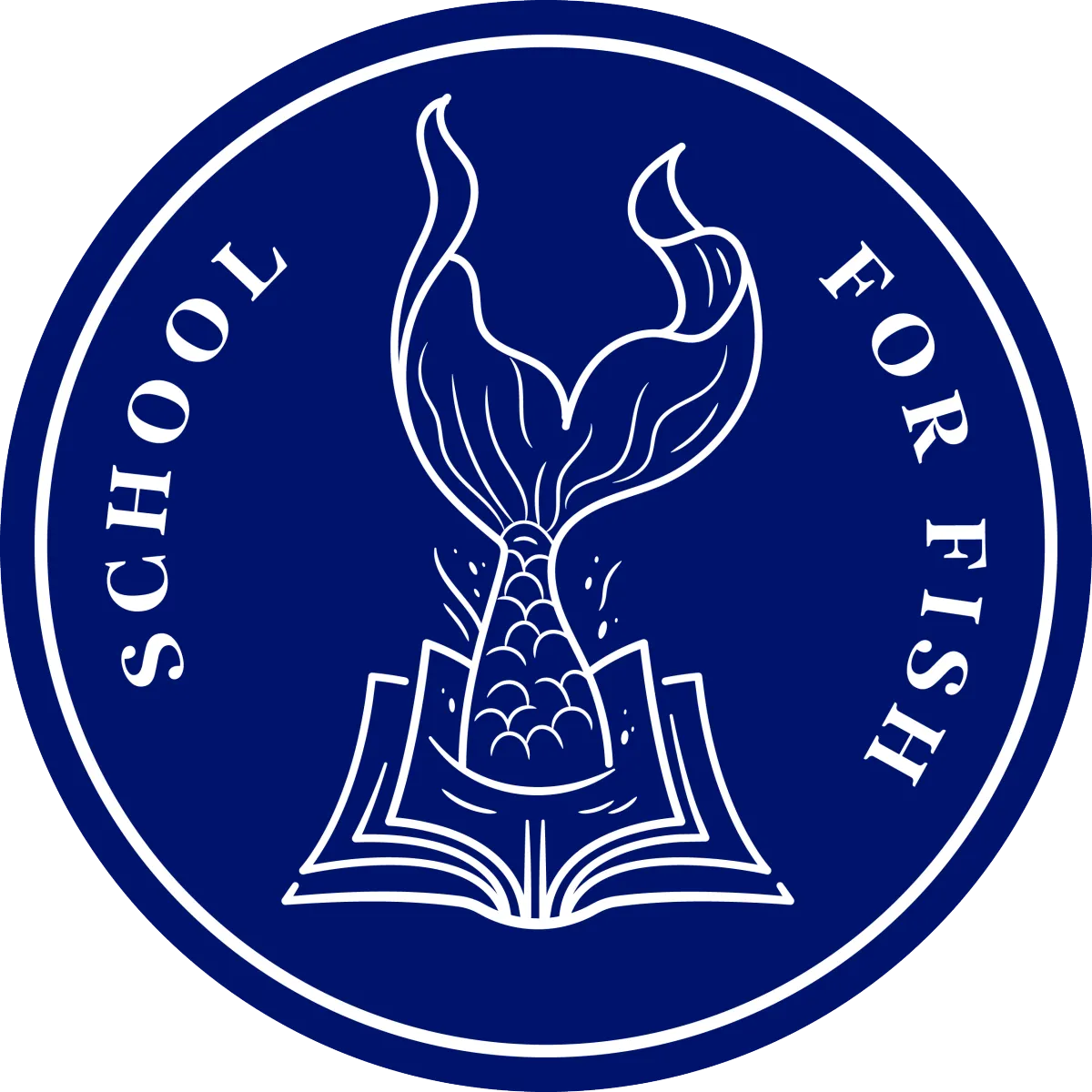 School for Fish, Eduation for Merfolk logo, Blue Circle with mermaid tail inside an open book