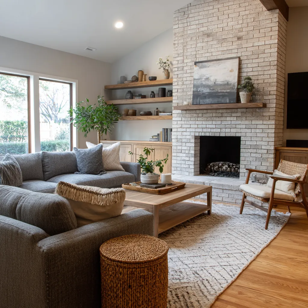Modern living room interior renovation with floor to ceiling fireplace, built-in shelving, large windows, and cozy furniture styled by De Luca Construction and Landscaping