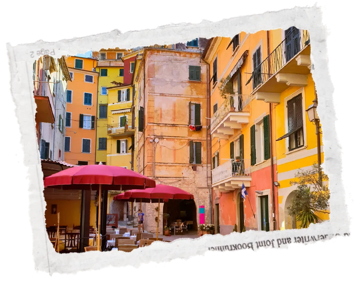 Narrow, colorful alleyway in an Italian town with potted plants and colorful facades, photo with torn paper edges