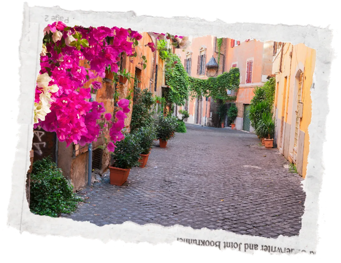 Cobblestone street lined with potted green plants and pink flowers, photo with torn paper edges