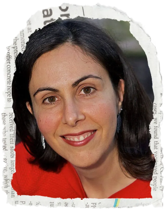 Headshot of a woman with dark hair wearing a red top, framed with torn paper edges