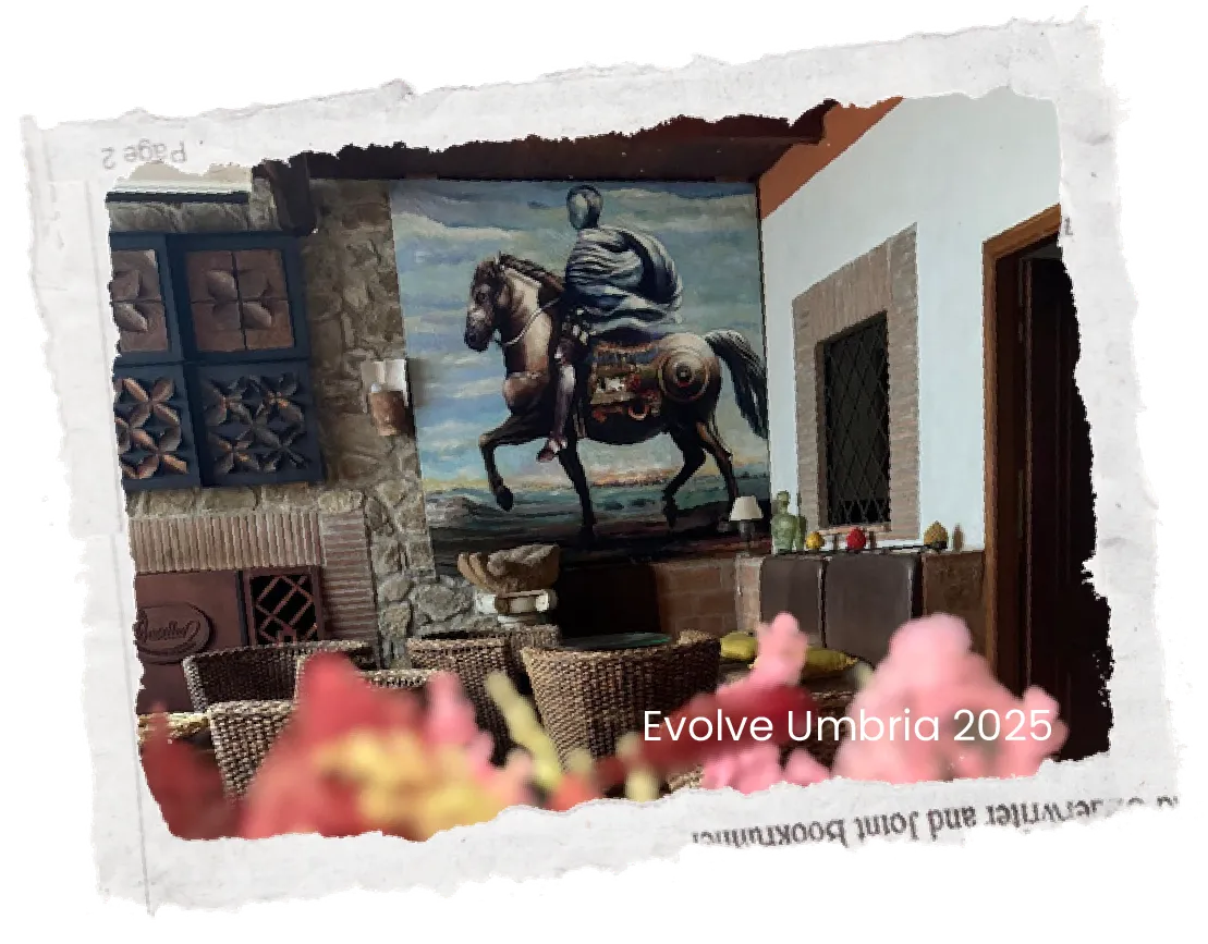 Interior view of an old stone building with a statue, photo with torn paper edges