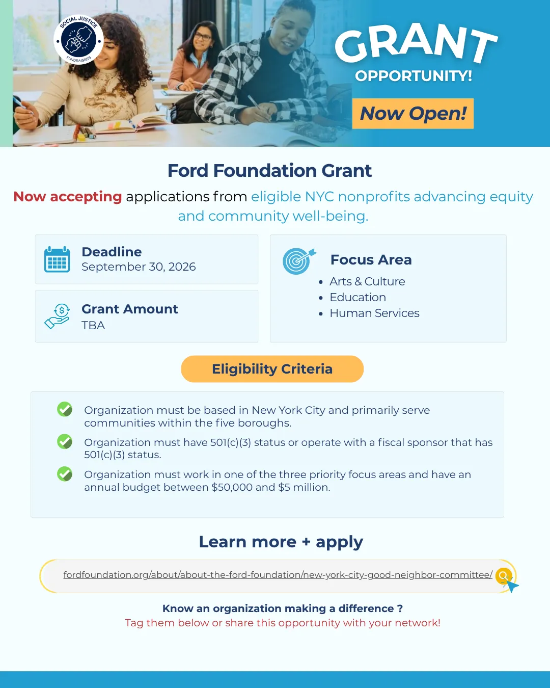 Now accepting applications from eligible NYC nonprofits advancing equity and community well-being.