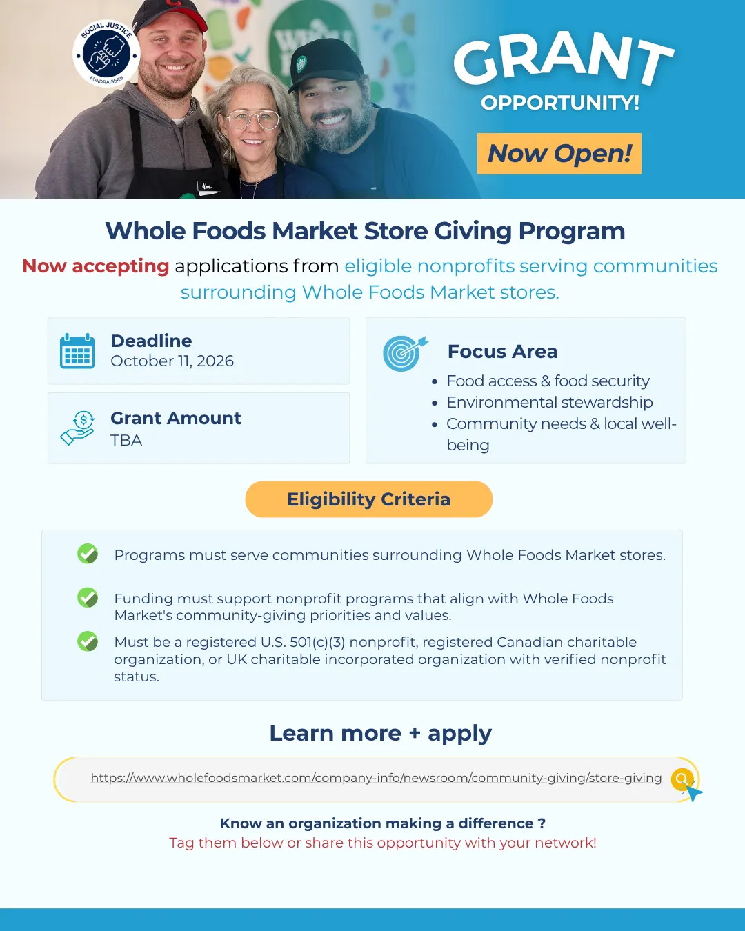 🚨 GRANT OPPORTUNITY -Whole Foods Market Store Giving Program