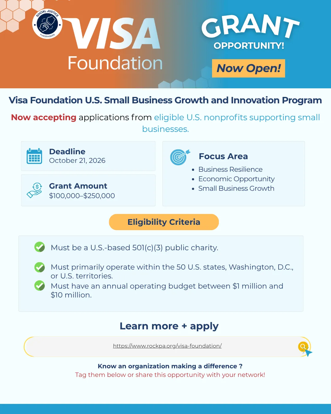 🚨 GRANT OPPORTUNITY - Visa Foundation U.S. Small Business Growth and Innovation Program