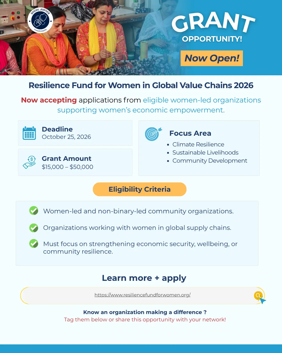 🚨 GRANT OPPORTUNITY - Resilience Fund for Women in Global Value Chains 2026