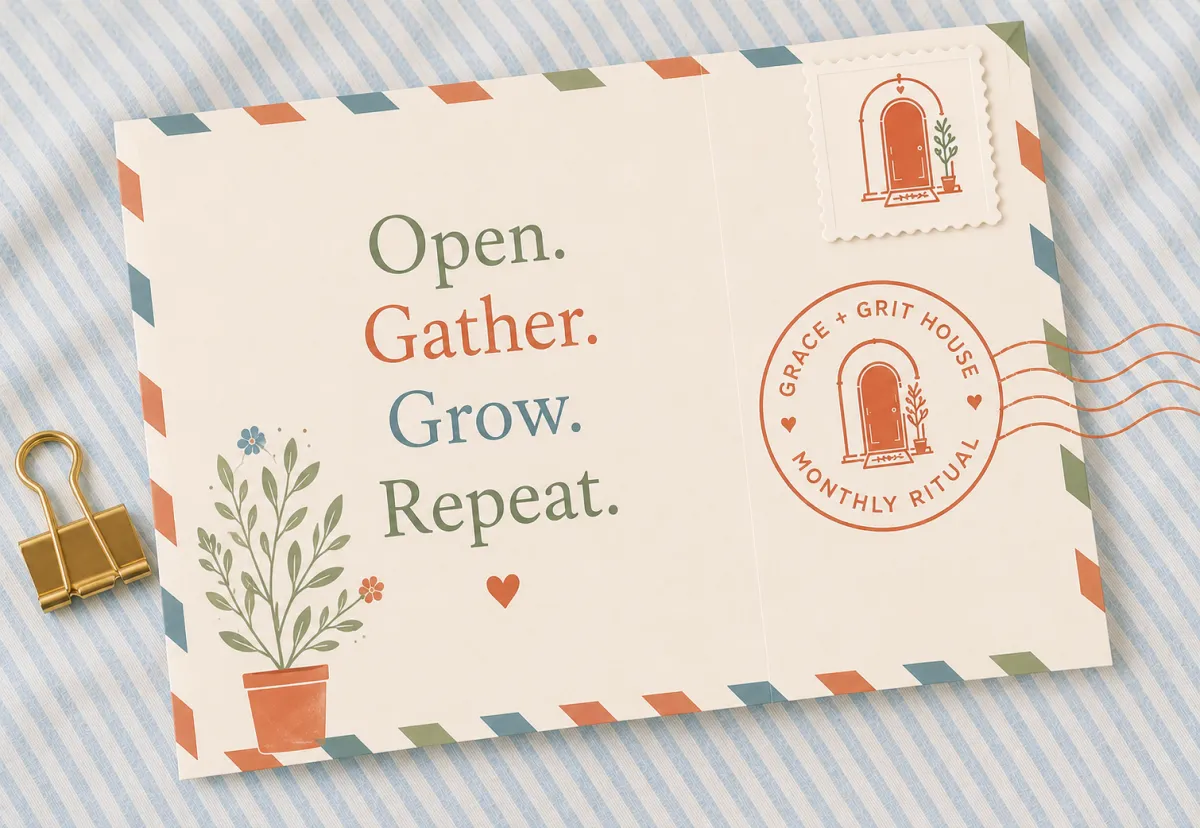 Hand holding Grace + Grit House Happy Mail envelopes