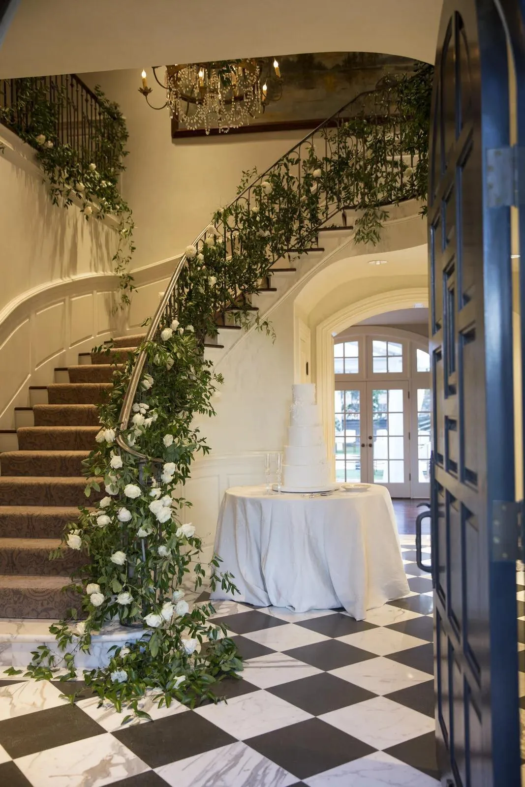 smilax on stairs wedding