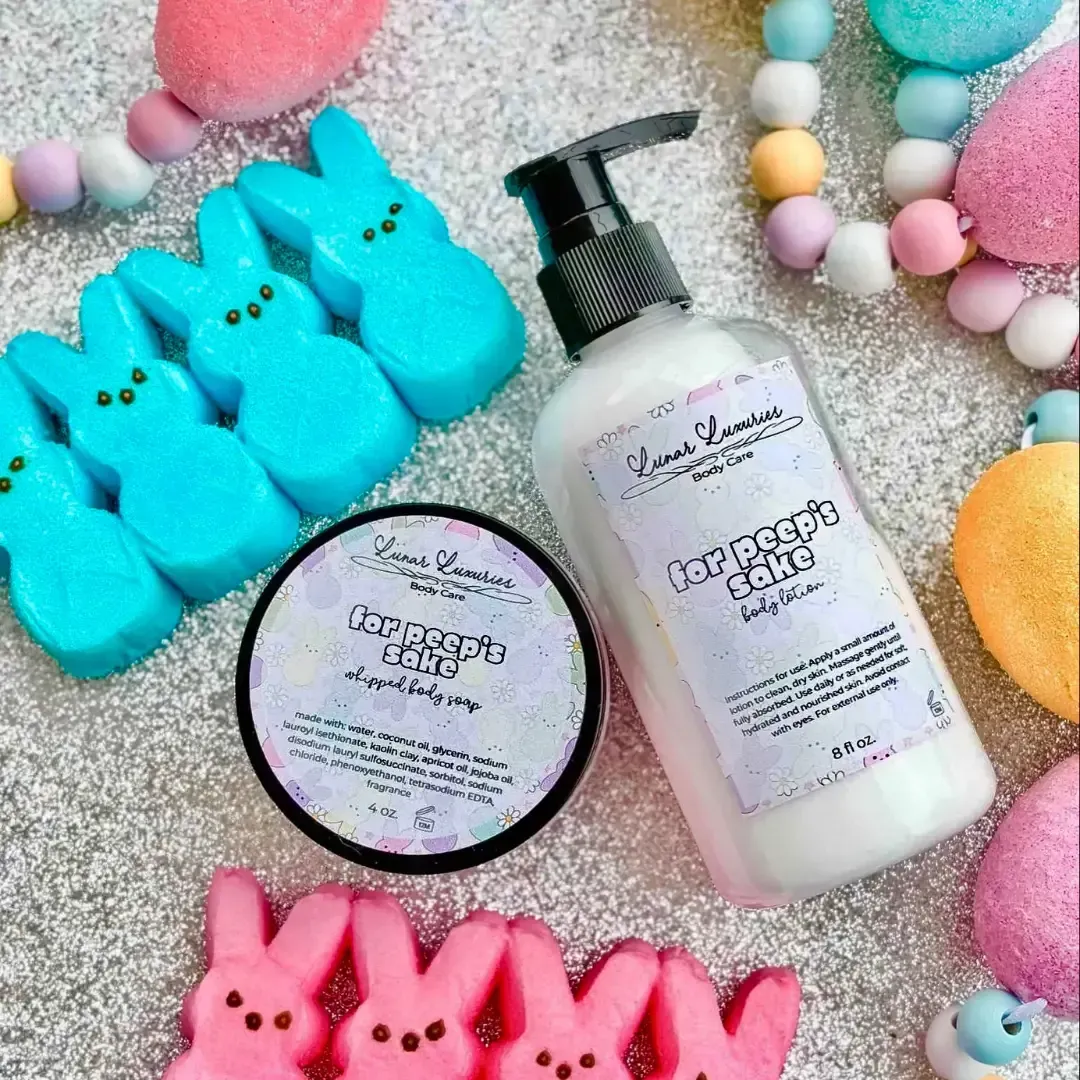 Spring collection scented whipped soap and lotion surrounded by peeps