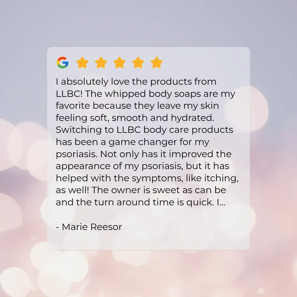 Lunar Luxe review from a real customer. She mentions the whipped body soap being her favorite products, and how she has seen great results with her psoriasis.