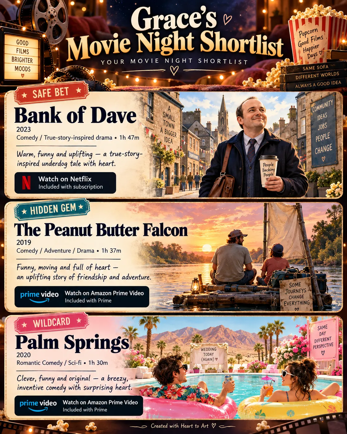 Grace's Movie Night Shortlist, a cinema-themed poster showing three film recommendations: a Safe Bet, a Hidden Gem and a Wildcard, each with its year, genre, running time, a short reason to watch and where to stream it.