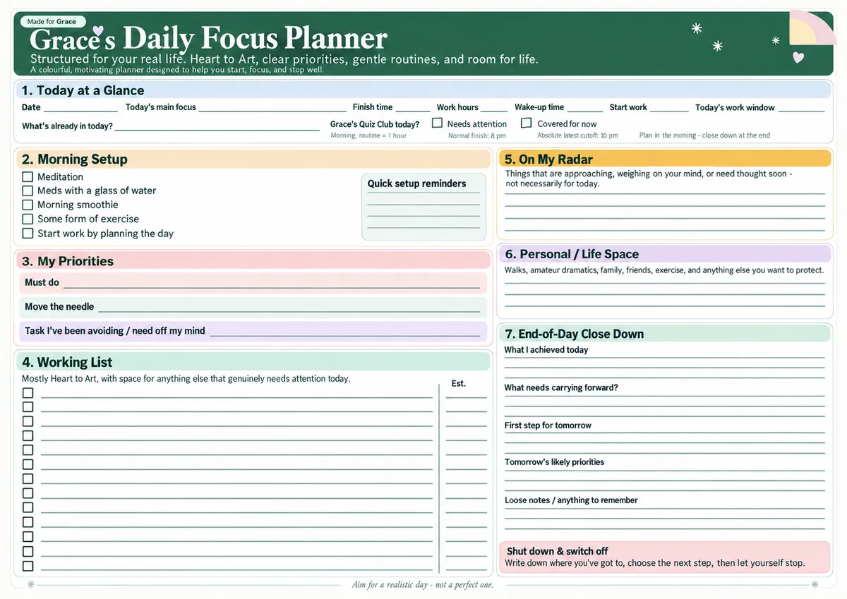 Grace's Daily Focus Planner, a colourful one-page printable planner with sections for Today at a Glance, Morning Setup, My Priorities, a Working List, On My Radar, Personal and Life Space, and an End-of-Day Close Down.