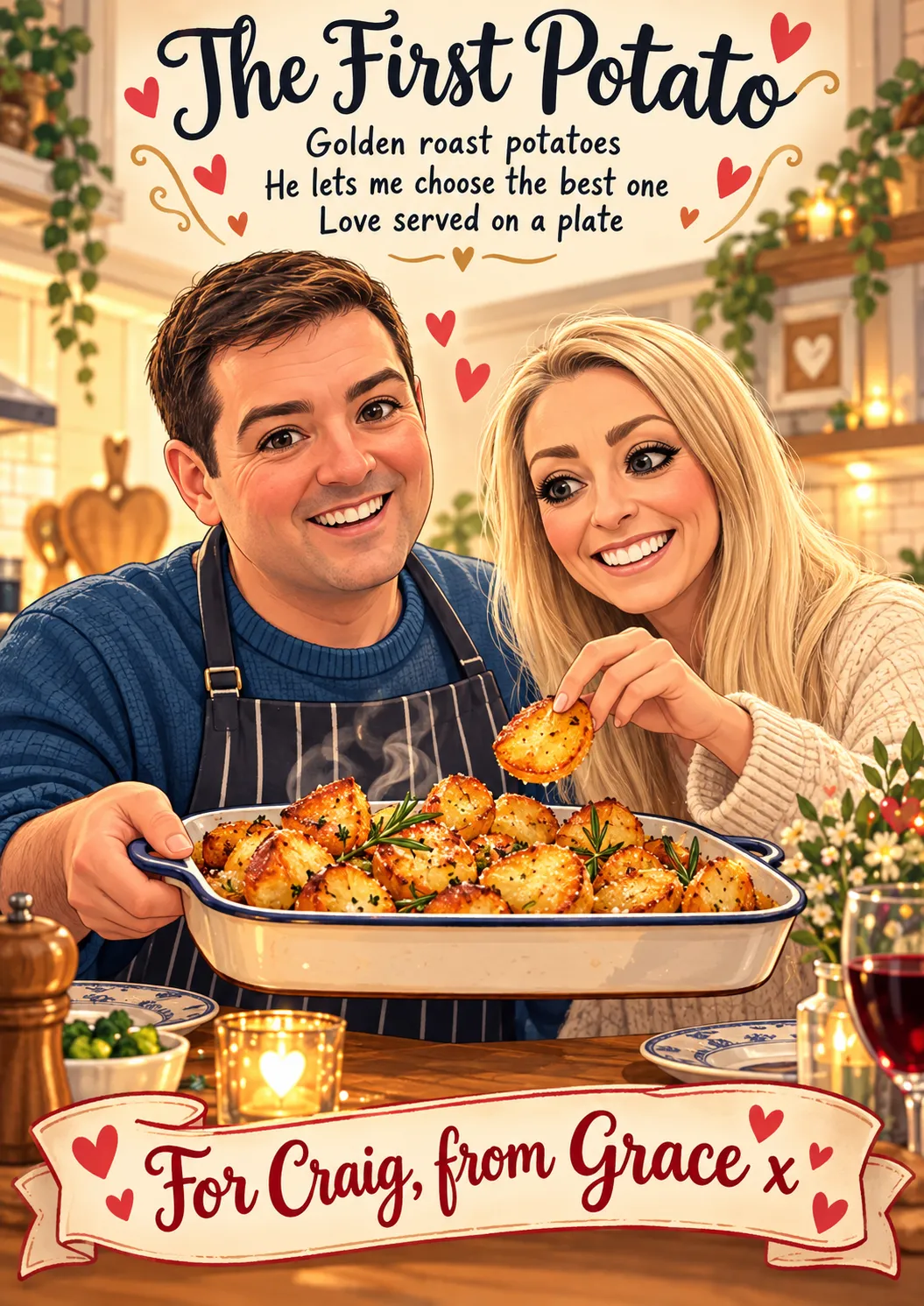 An illustrated keepsake headed The First Potato, with the haiku beneath it, showing a cartoon of Craig holding a tray of roast potatoes while Grace picks one. A banner reads For Craig, from Grace.