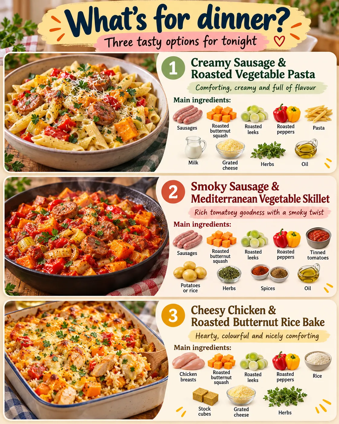 A sheet headed What's for dinner? Three tasty options for tonight, showing photographs and ingredient lists for three dinners.