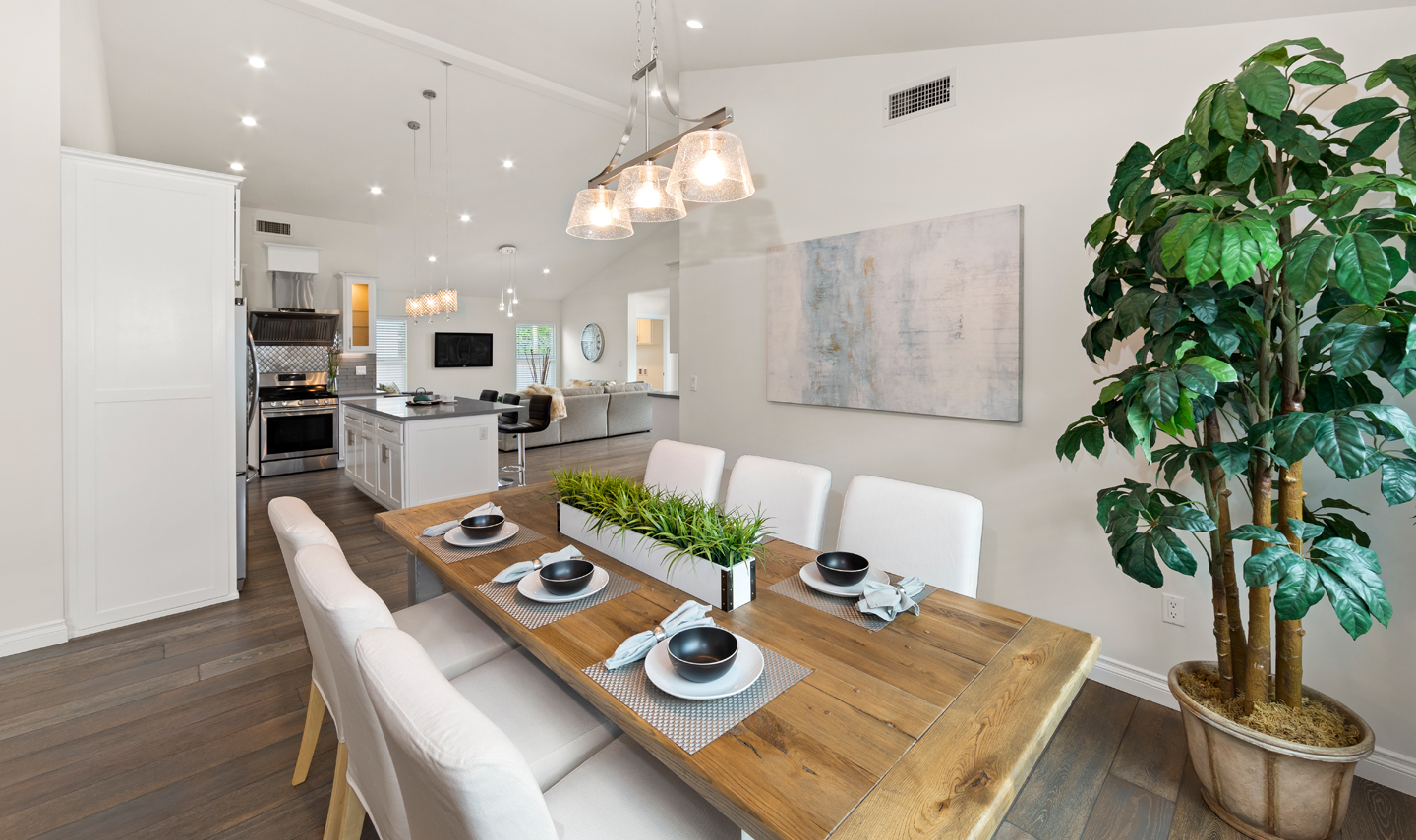 Bright open-concept living and dining area in an Encino home