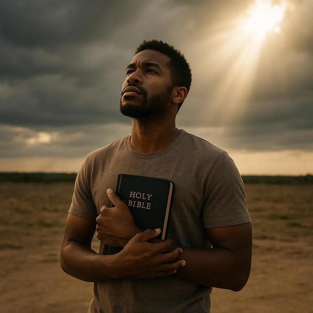 Young man standing in an open field holding a Bible against his chest as sunlight breaks through the clouds, symbolizing Abraham’s faith credited as righteousness.