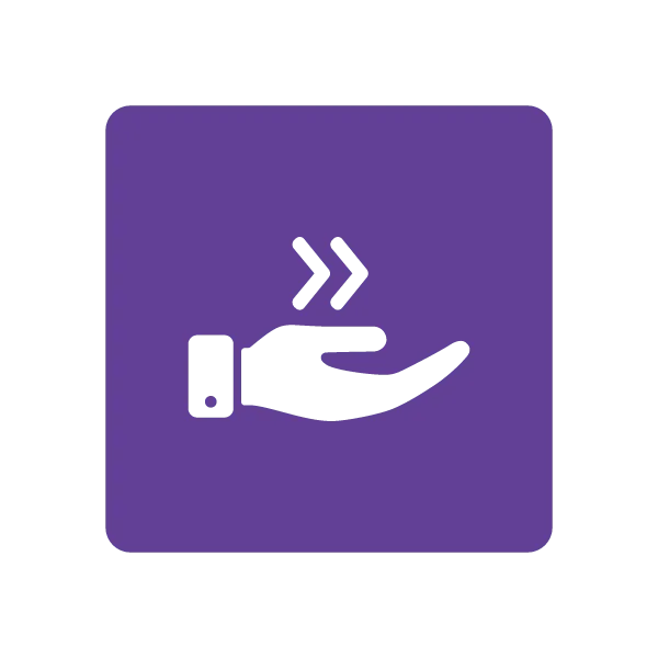 Agility Factors Proactive Leadership icon with a guiding white hand on a purple background, symbolizing agile leadership, initiative, and decisive action.