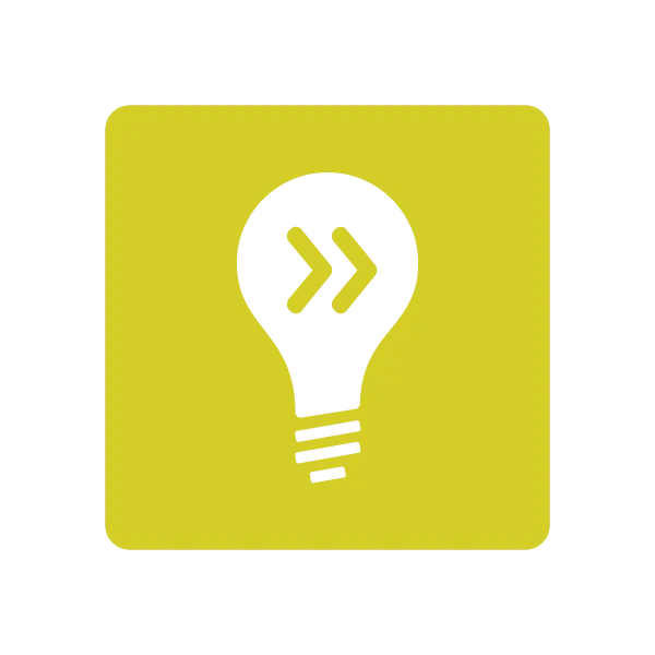 Agility Factors Strategize Dynamically symbol featuring a yellow lightbulb and forward-pointing double chevrons for innovative, adaptive planning.