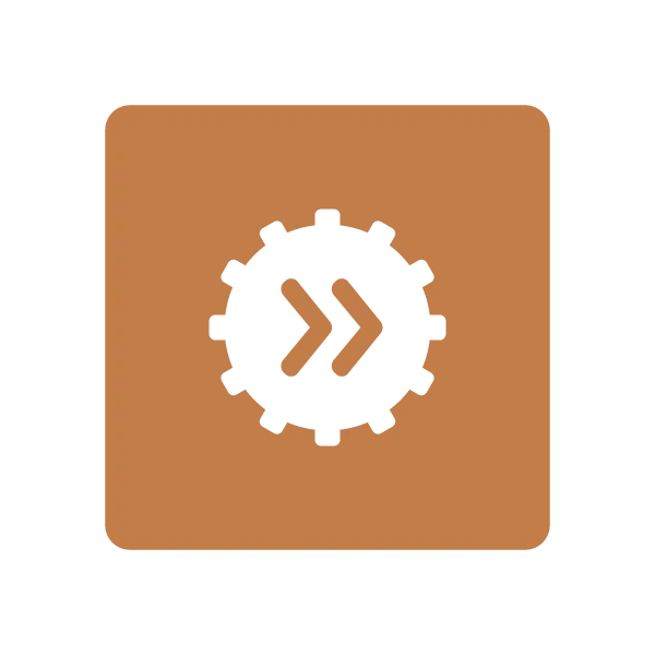 Agility Factors sustainable change icon featuring a white gear and forward-pointing chevrons on orange, representing resilient systems, continuous improvement, and sustainable organizational change.