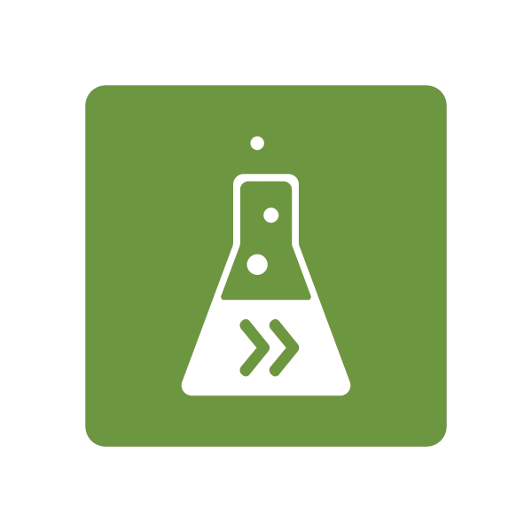 Agility Factors innovation icon featuring a white beaker and forward-pointing chevrons on a green background representing innovation and continuous testing. 