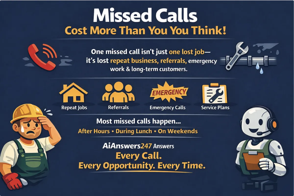 Infographic showing how missed calls cost plumbing businesses repeat jobs, referrals, emergency calls, and long-term customers, featuring AiAnswers247 AI receptionist answering every call 24/7