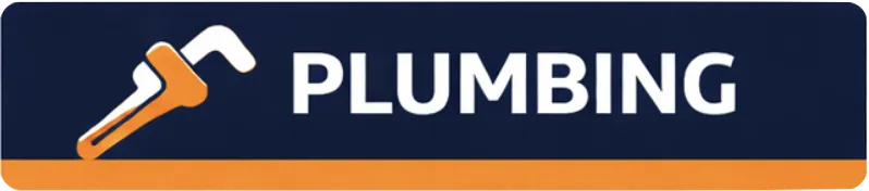 Plumbing industry banner with wrench and pipe icon and bold “PLUMBING” text in white on navy background with orange accent bar.