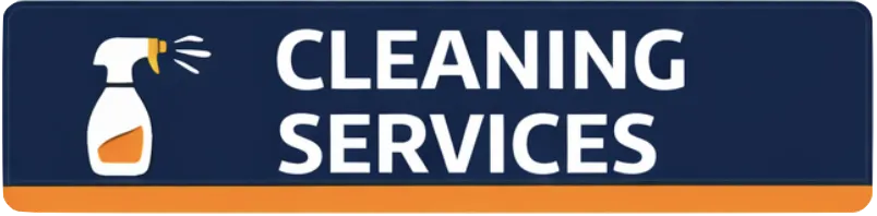 Professional cleaning services banner with modern cleaning icon, navy and orange design, and bold “CLEANING SERVICES” headline for contractor website.