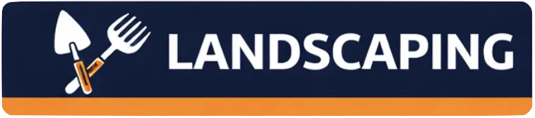 Landscaping industry banner with hoe and rake and lawn icon and bold “LANDSCAPING” text in white on navy background with orange accent bar.