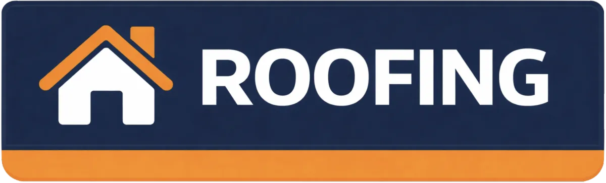 Roofing services banner with modern house roof logo, navy and orange design, and bold “ROOFING” headline for contractor website.