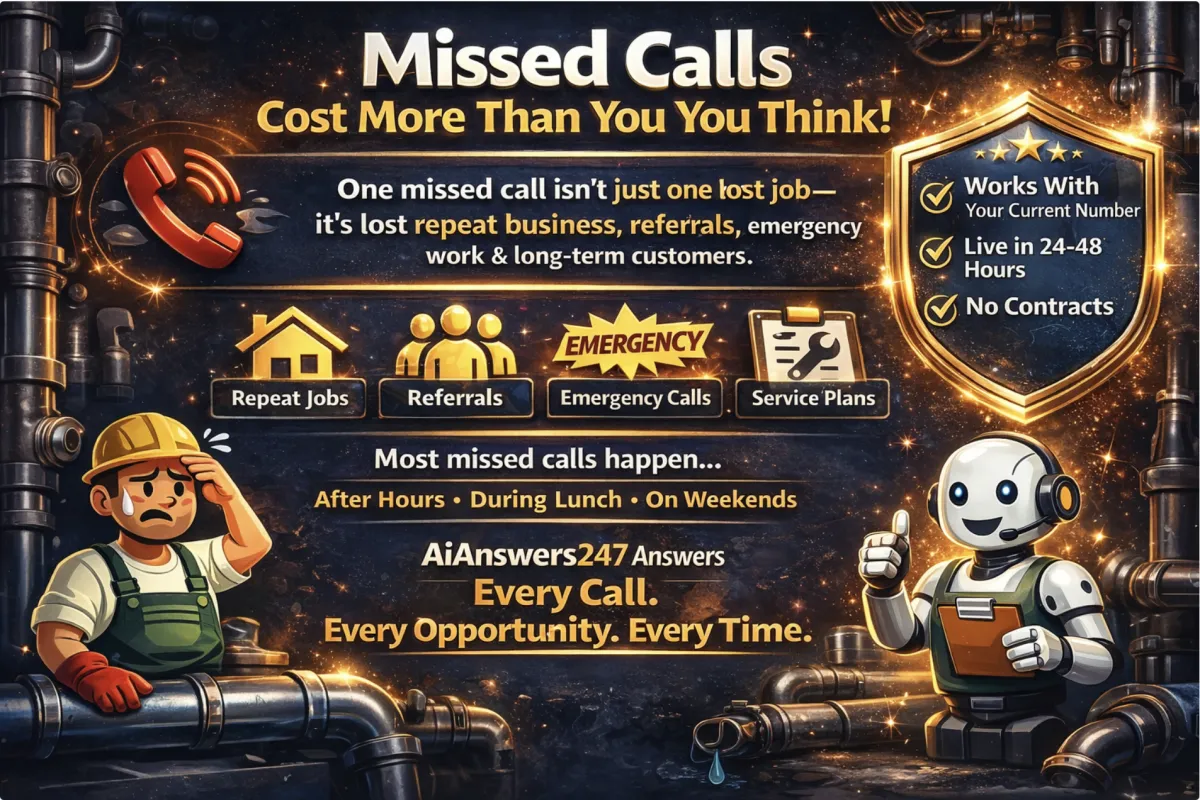 Infographic showing how missed calls cost plumbing businesses repeat jobs, referrals, emergency calls, and long-term customers, featuring AiAnswers247 AI receptionist answering every call 24/7