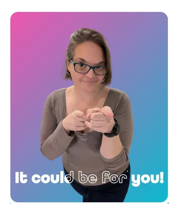 Ellie Clare pointing playfully toward the camera with the text “It could be for you!”, symbolising confidence and encouragement for business owners joining the DIY Marketing Pathway.