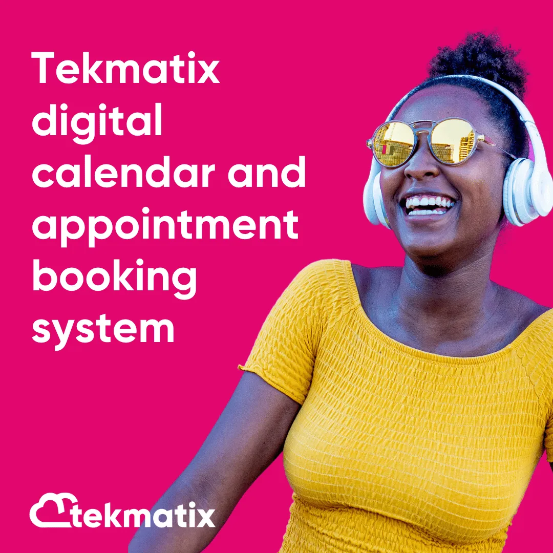 Tekmatix social media graphic featuring a smiling woman wearing sunglasses and headphones on a bright magenta background. The text reads “Tekmatix digital calendar and appointment booking system.”