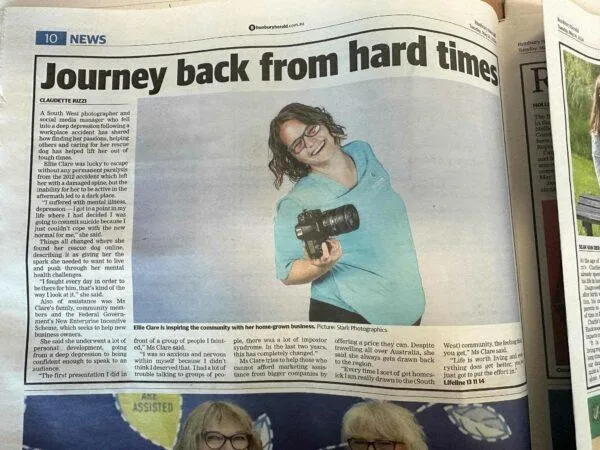 Photo of article in the Herald Newspaper, features a photo of Ellie Clare owner of CLP Advertising & Photography Services. 