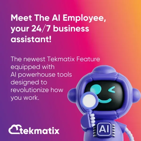 Tekmatix promotional image introducing the AI Employee feature for business automation and CRM management.