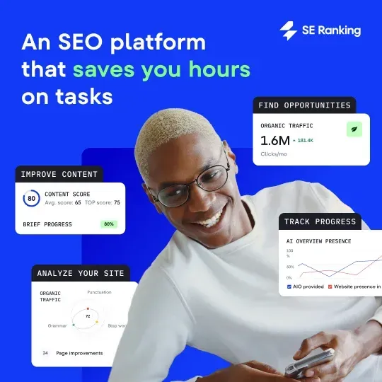 Promotional graphic for SE Ranking SEO platform highlighting keyword tracking, content improvement, and site analysis tools.