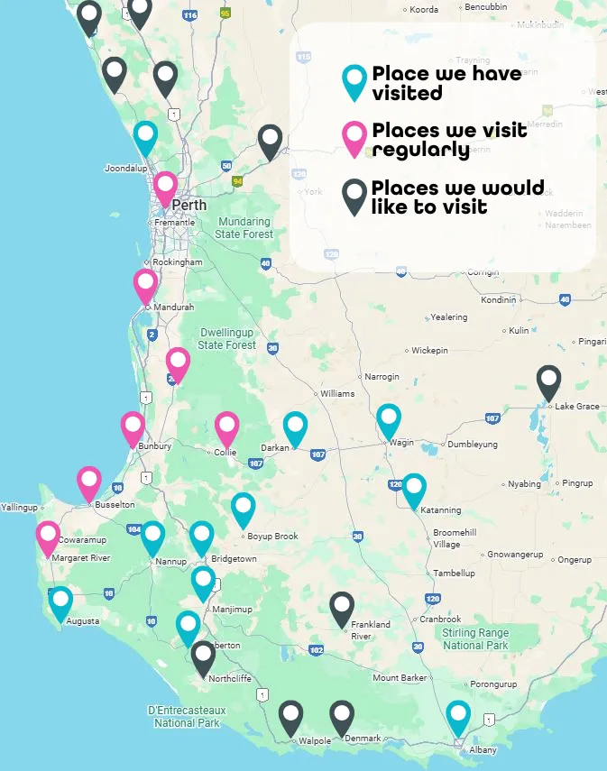 Map of South West WA showing locations CLP Advertising travels to for photography and marketing work.