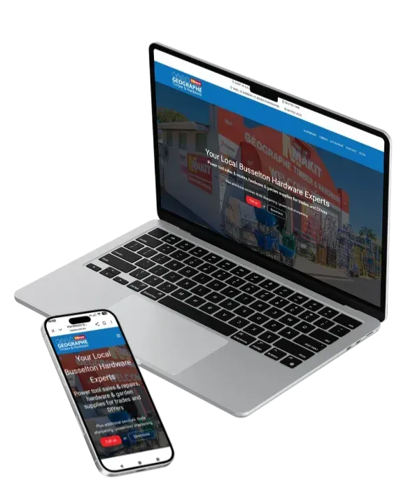 Image of Geographe Timber & Hardware Website on a Laptop and Phone Screen - This is the CLPSites MK2 Verion
