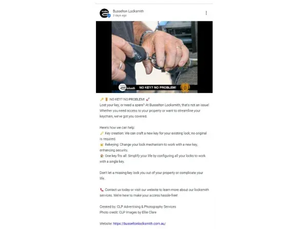 Screenshot of a Google Business Profile post showing a close-up of hands working with locksmith tools, including CLP content and photo credit.