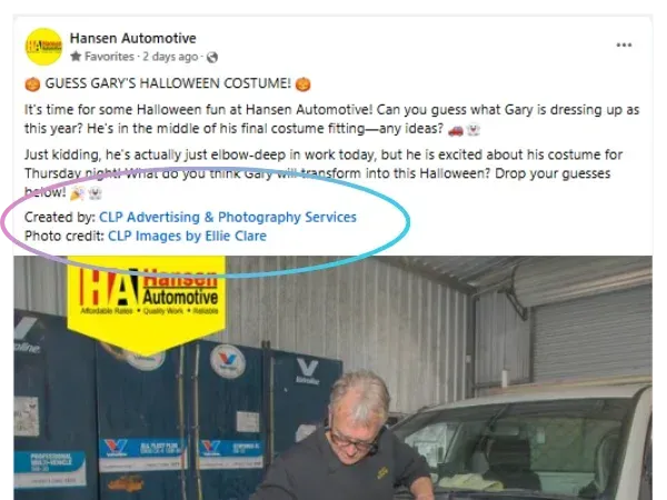 Screenshot of a Facebook post from a local business with the CLP Advertising and CLP Images photo credit circled for emphasis.