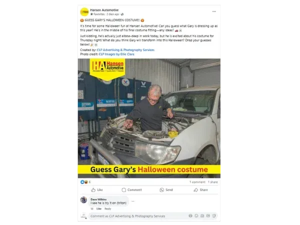 Screenshot of a Facebook post showing a mechanic working on a vehicle in a workshop, with a branded caption and CLP content credit.