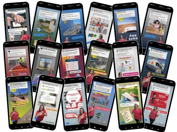 Collection of multiple smartphone screens displaying various branded social media posts created for different local businesses.