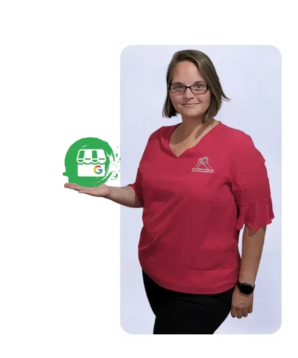 A break out Photo of Ellie from CLP Advertising, she is popping out of the photo frame holding the Google Business Profile Logo.