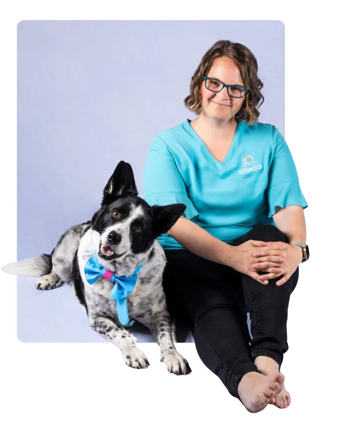 Photo of Ellie Clare Owner of CLP Advertising & Photography Services, with the CLP CEO (Cheif Entertainment Officer) Monty (the dog)