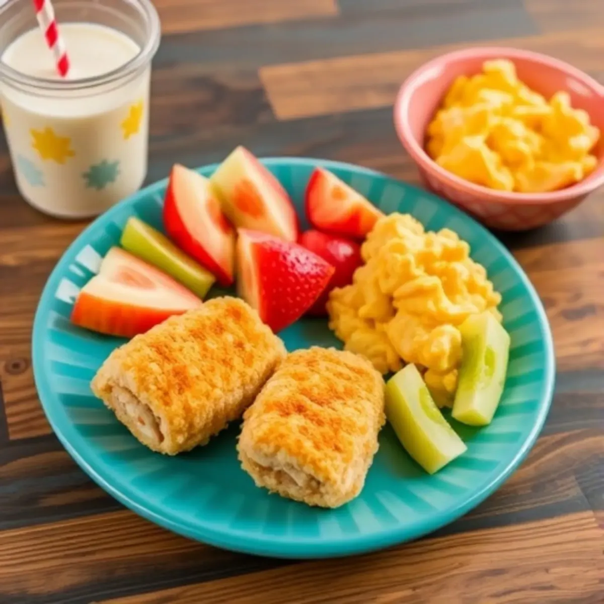 Colourful kid-friendly plate with finger foods designed to help even picky eaters enjoy dinner.