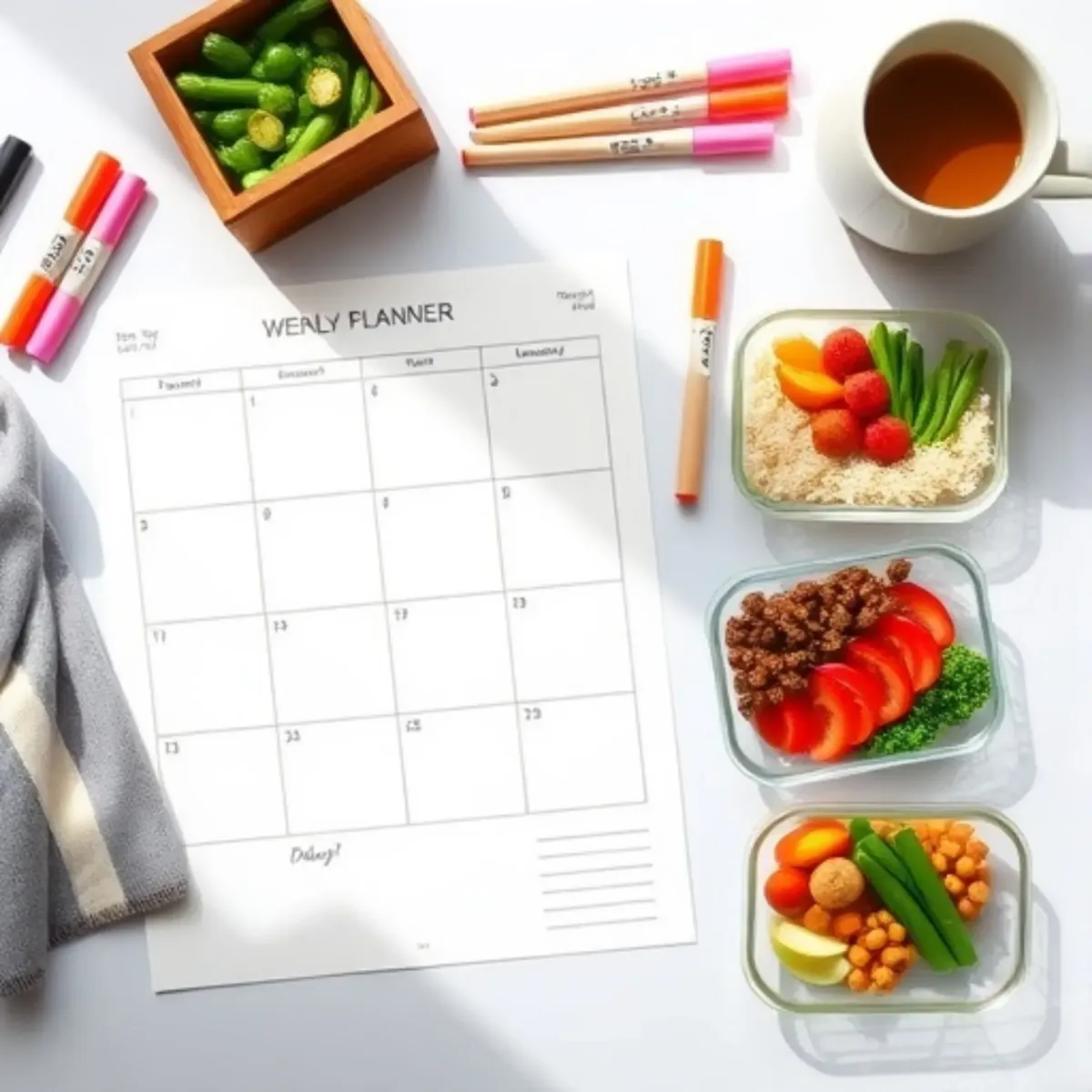 Overhead view of a printed meal plan with fresh produce, symbolising structured, printable dinner plans for family life.