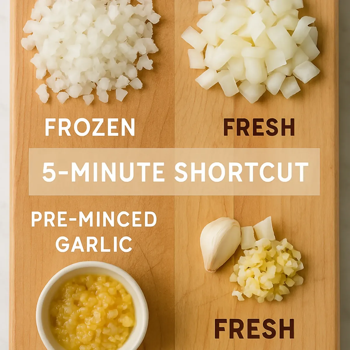 Labelled food containers with garlic and shortcuts like frozen veggies, promoting smart and simple meal planning tips.